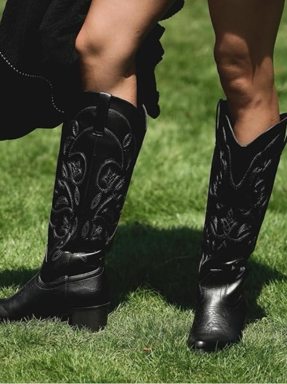 Black Embroidered Western Knee-High Boots - Women